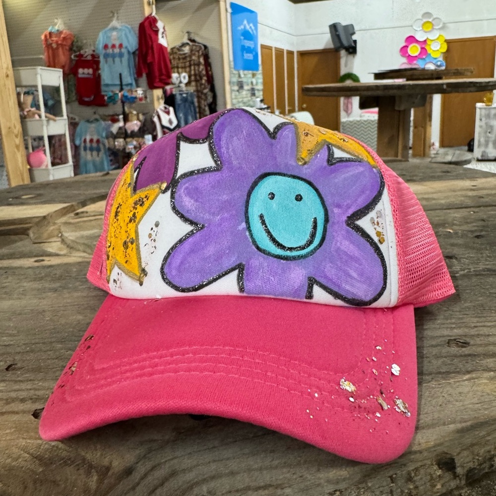 Pink Trucker Hat with Colorful Flower Design